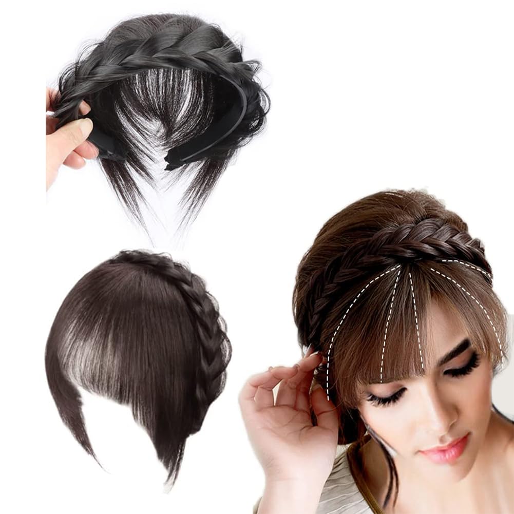 Front Hair Bangs Wigs Headband, Front Hair Bangs Fringe Synthetic Wigs Headband for Women Girls (Dark Brown)