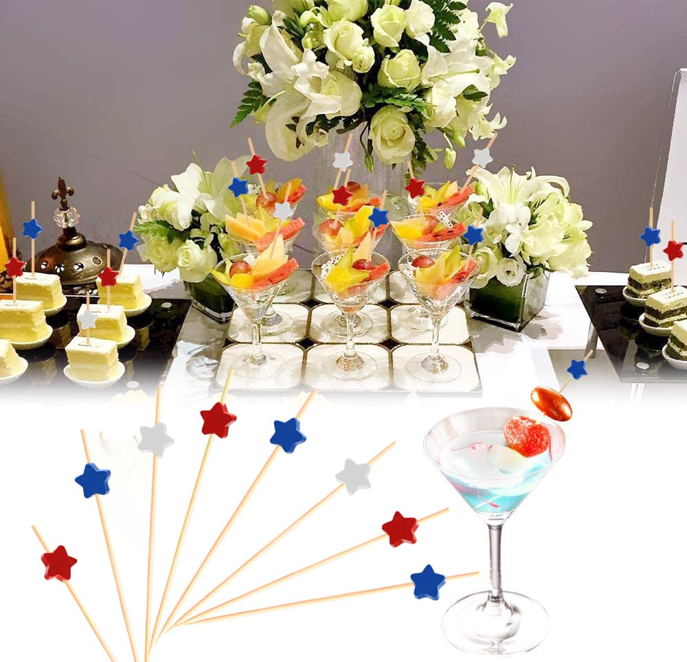 YSSAI 60 Pcs Star Cocktail Picks Red White Navy Blue Fancy