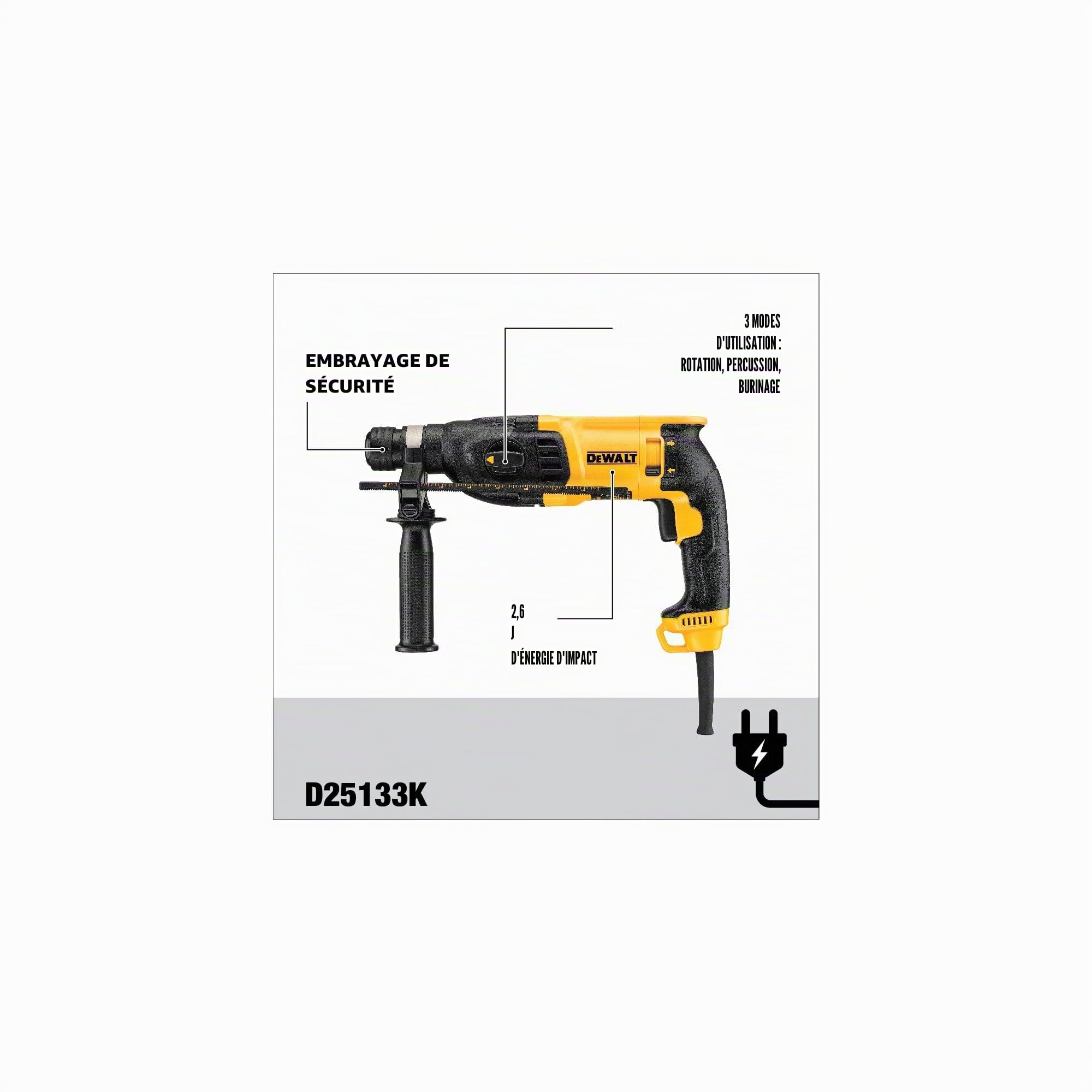 DeWalt D25133K Perforateur Sds-Plus 3 Modes - 26 mm Filaire - 800W - Vitesse à Vide 0-1500 tr/Min & Jeu de 6 Forets SDS-PLUS - DT60302-QZ - Forets Ø6mm x2, Ø8mm x2; Ø10mm x2 - Perçage Béton