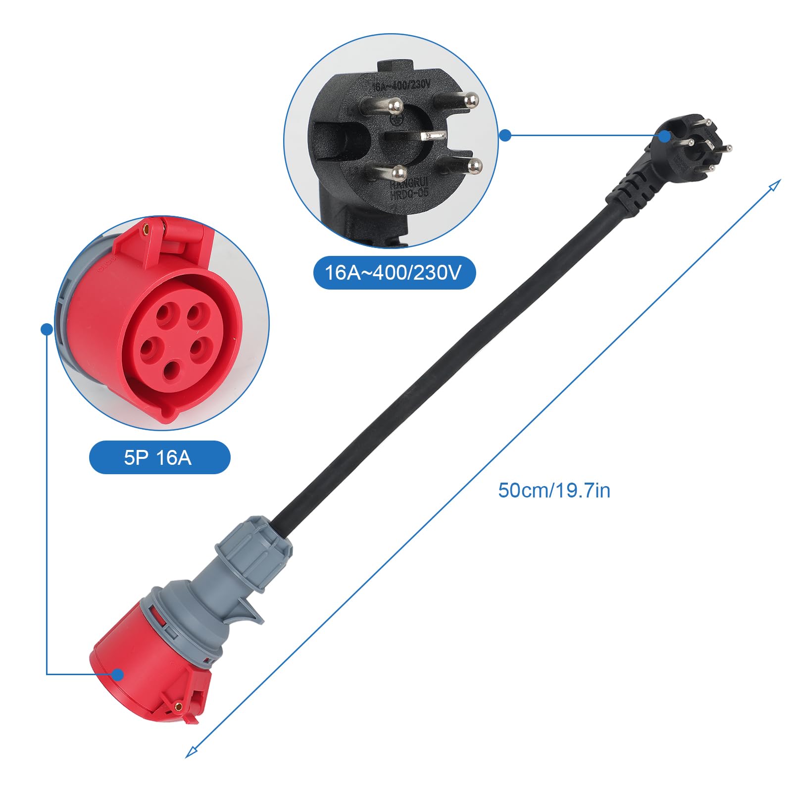 Adaptateur Perilex - Fiche coudée 16 A vers prise CEE - Fiche Perilex H07RN-F5G - 2,5 mm² - Câble en caoutchouc