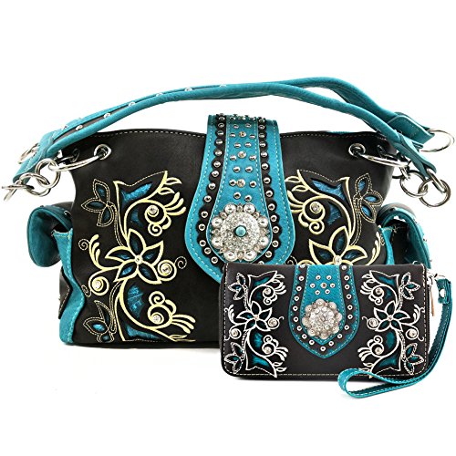 Justin West Floral Concho Tooled Leather Western Concealed Carry Handbag Purse