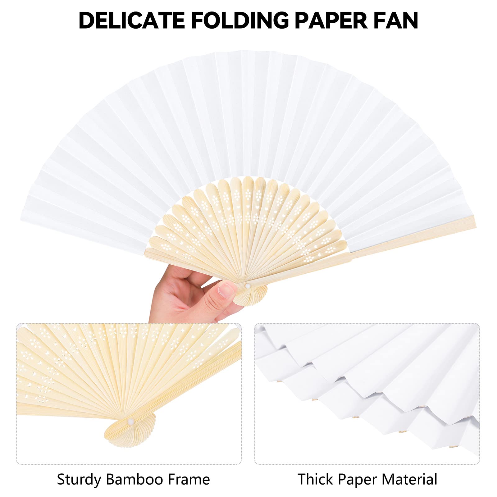 Aneco 48 Stück Handheld Papierfächer Papierfächer Faltfächer mit Bambus für Hochzeitsgeschenk, Party, Zuhause, DIY, Weiß