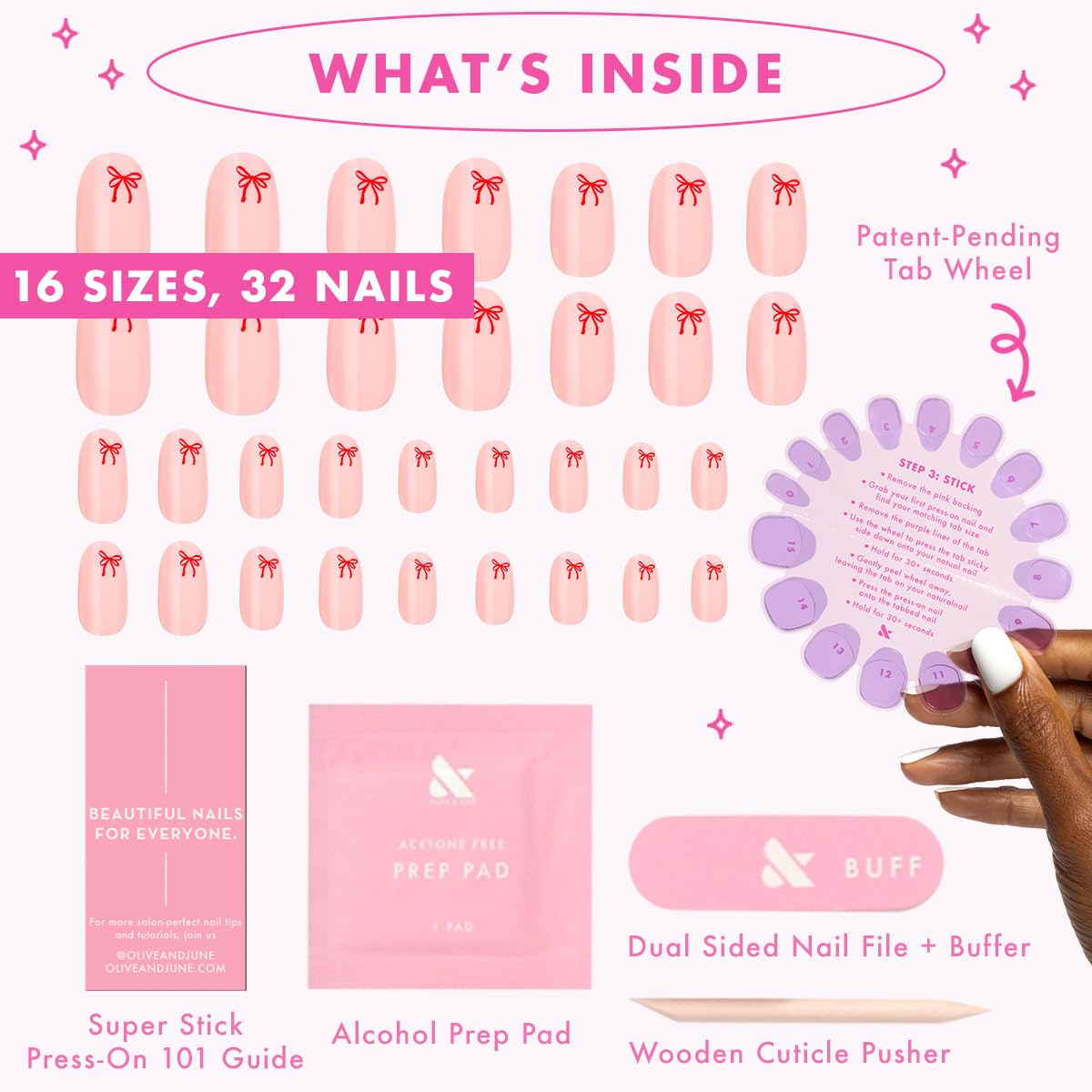 Olive & June Classic Super Stick Mani Press On Nails | No Glue Needed | 32 Tab Nails 16 Sizes | Non-Toxic Tabs Easy On-Off Non-Damaging Realist Look | 7-Day Wear | Short, Round| Vampy Bows