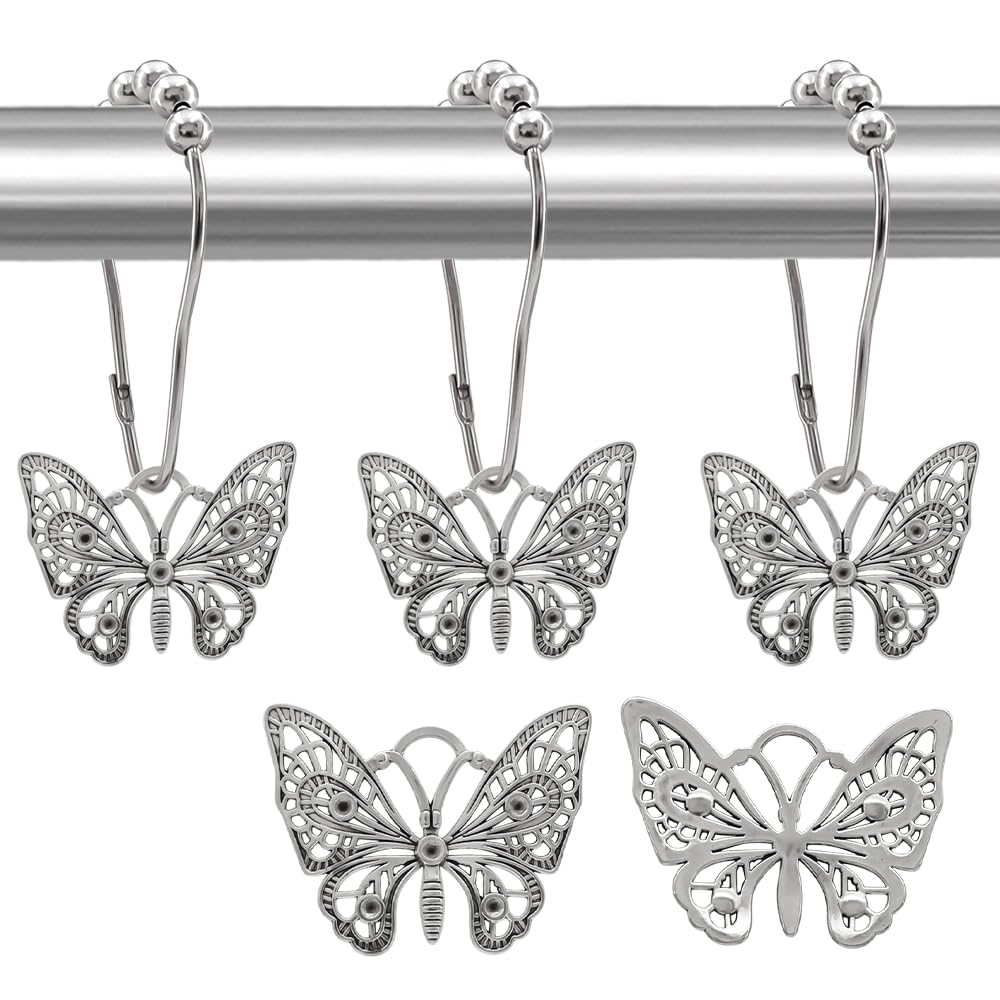 12Pcs Decorative Shower Curtain Hooks Silver Butterfly Rustproof