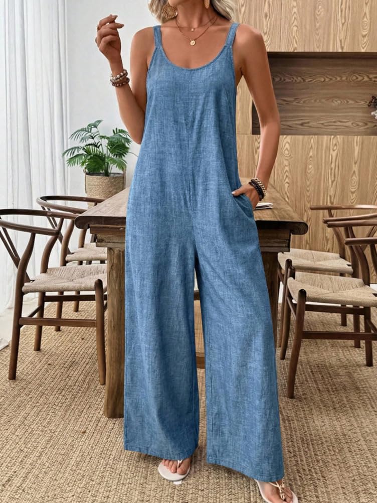 ORANDESIGNE Salopette Donna Lunga Estive Casual Elegante Boho Salopette Gamba Larga Leggera Tuta Spiaggia Overall con Bretelle Regolabili e Tasche