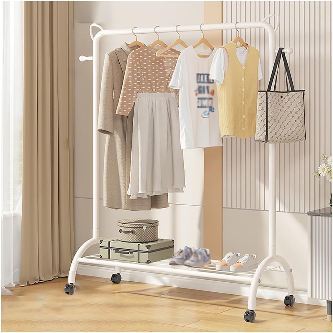 MYUYEE Clothes Rack On Wheels Metal Coat Rack Freestanding For Home Bedroom With 2 Hooks And Open Shelves, Easy To Assemble(60Cm White-White)