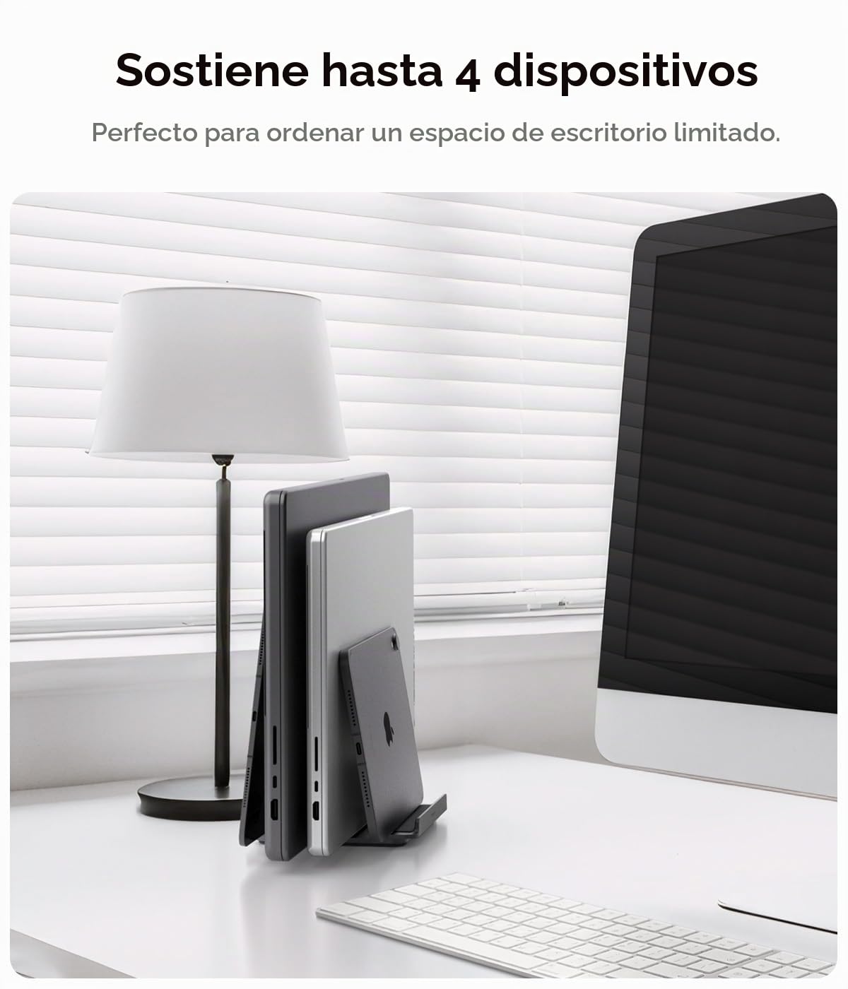 Spigen Soporte Vertical [hasta 4 Dispositivos] Organizador de Escritorio para Portátil, Tablet y Moviles, Compatible con MacBook Pro Air Mini Neo, iPad Pro Air, iPhone 17 16 15, Galaxy, Pixel