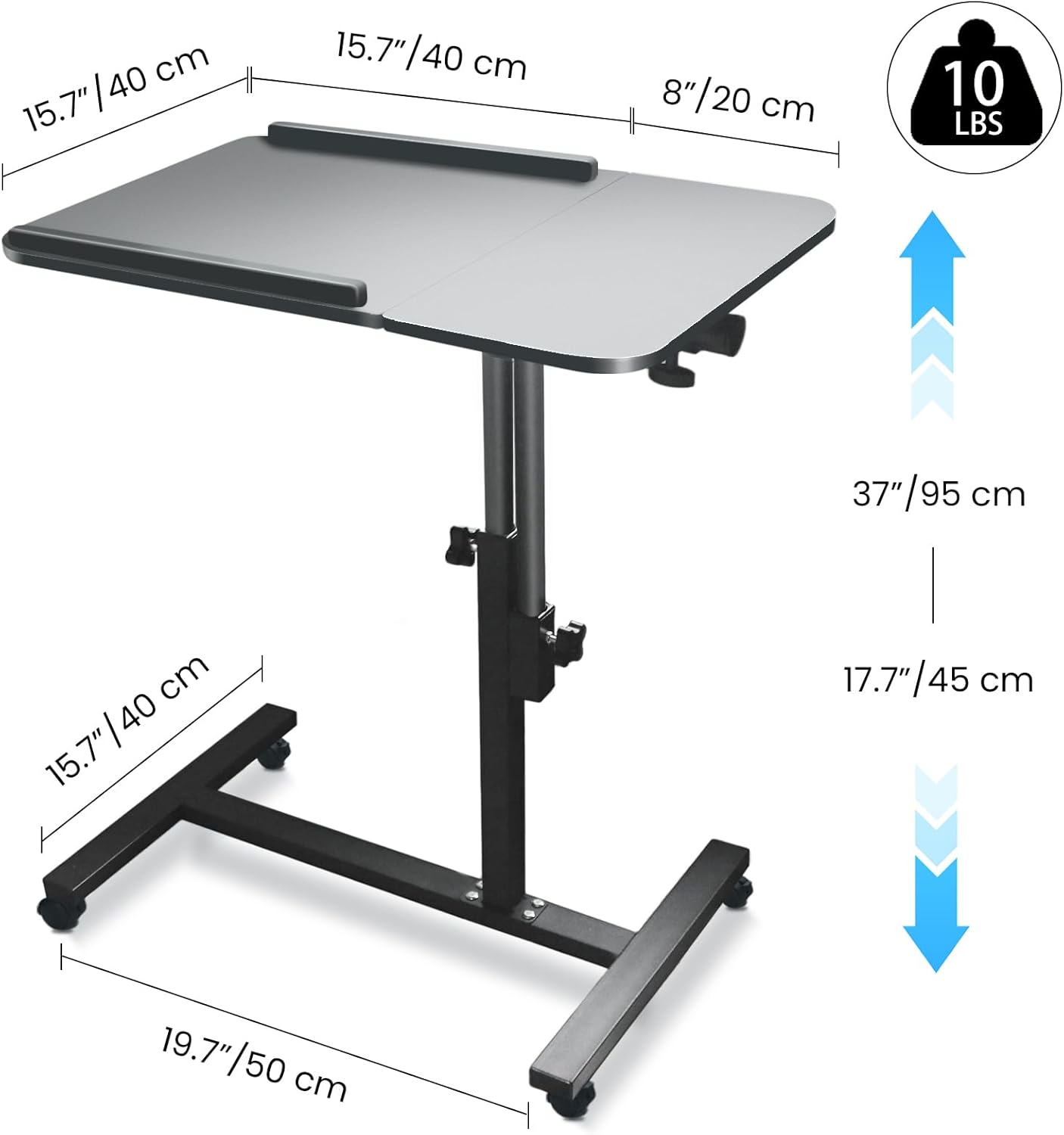 Aconcept Dual Tilt-Swivel Desktop Overbed Bed-Side Table, Adjustable Height Laptop Standing Desk with Wheels, Folding Mobile TV Dinner Tray Table, Black