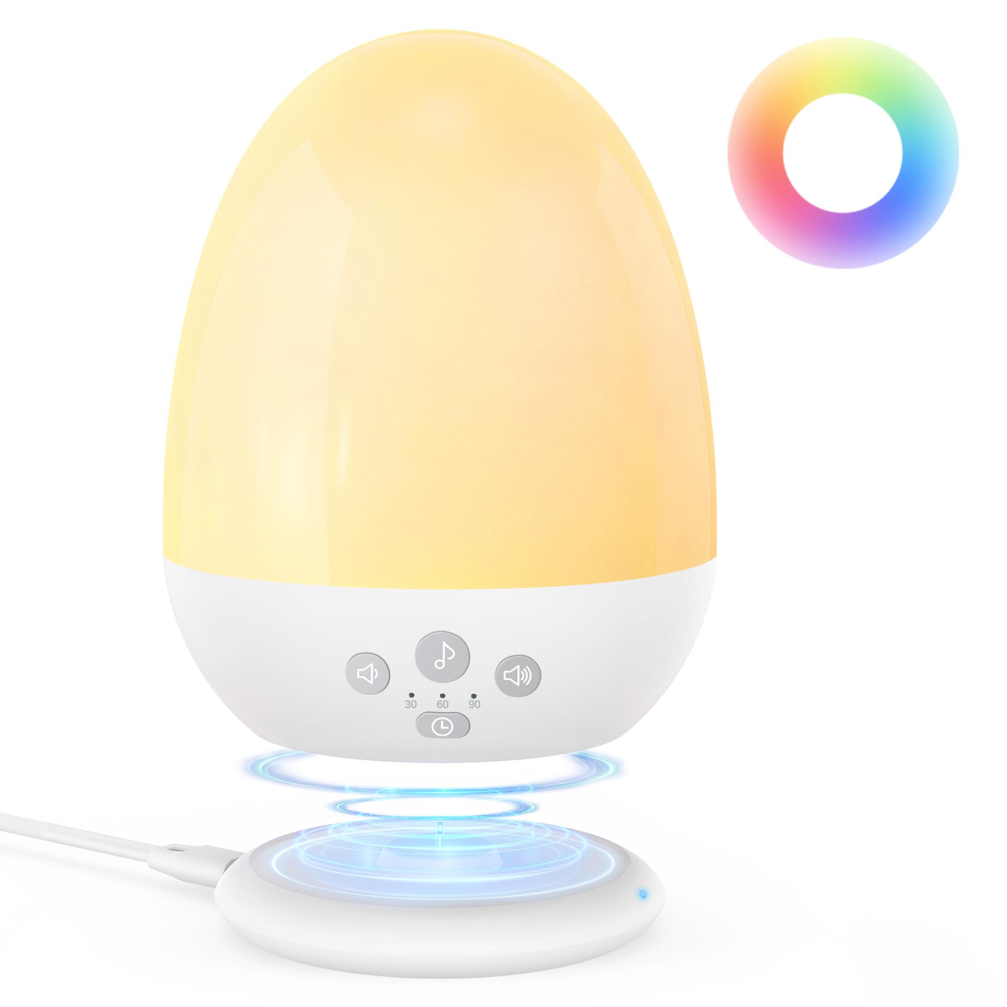 Nachtlicht, Stilllicht Dimmbar, Nachttischlampe mit 8 Farbe & White Noise | 2500 mAh Akku, 32-stufige Lautstärke, Timer & kabellose Ladestation für Baby- und Kinderzimmer