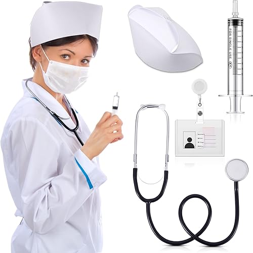 Accesorio para disfraz de Halloween, el juego de disfraz de enfermera incluye sombreros de fiesta de lactancia, estetoscopio y jeringa con soporte