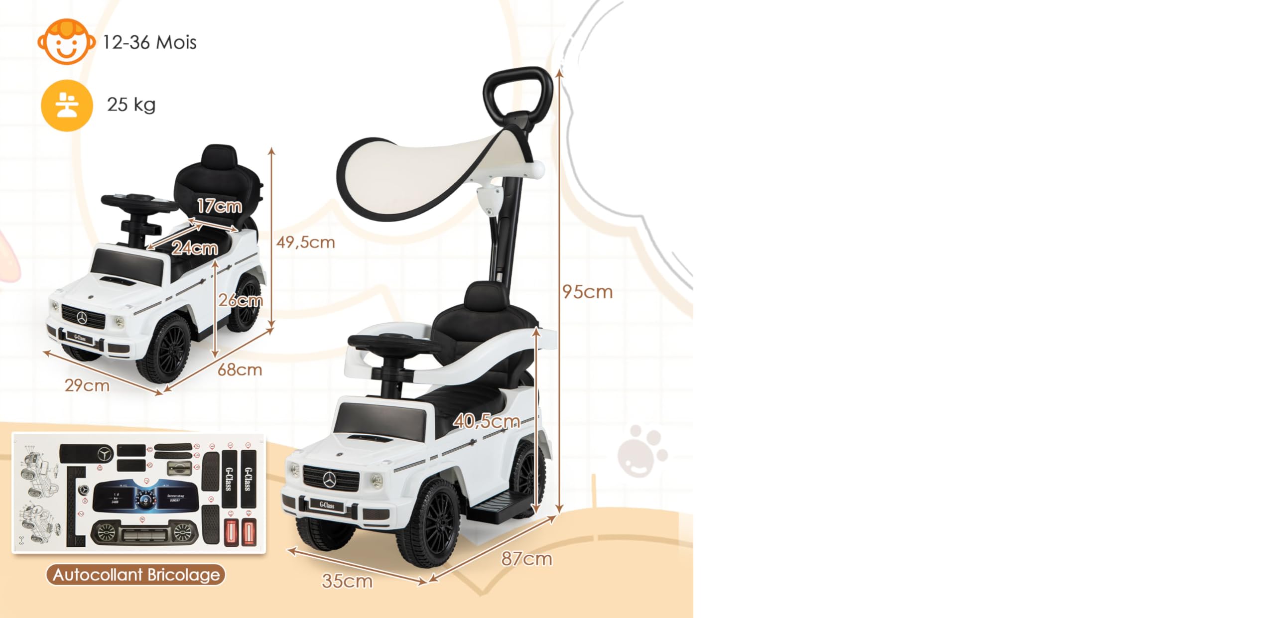 DREAMADE Porteur Bébé Mercedes Benz 12-36 Mois – Voiture à Pousser Avec Auvent, Klaxon, Son Démarrage, Rangement