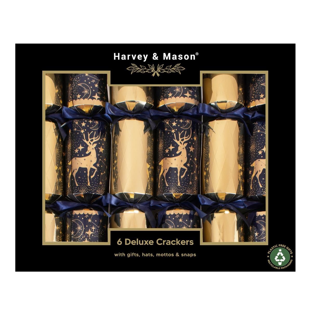 Harvey & Mason Pack of 6 Deluxe Navy Gold Reindeer Christmas Crackers - 13.5" Metallic Festive Xmas Holiday Dinner Table Decorations - Novelty Fun Prizes Gifts Contains Hats Jokes