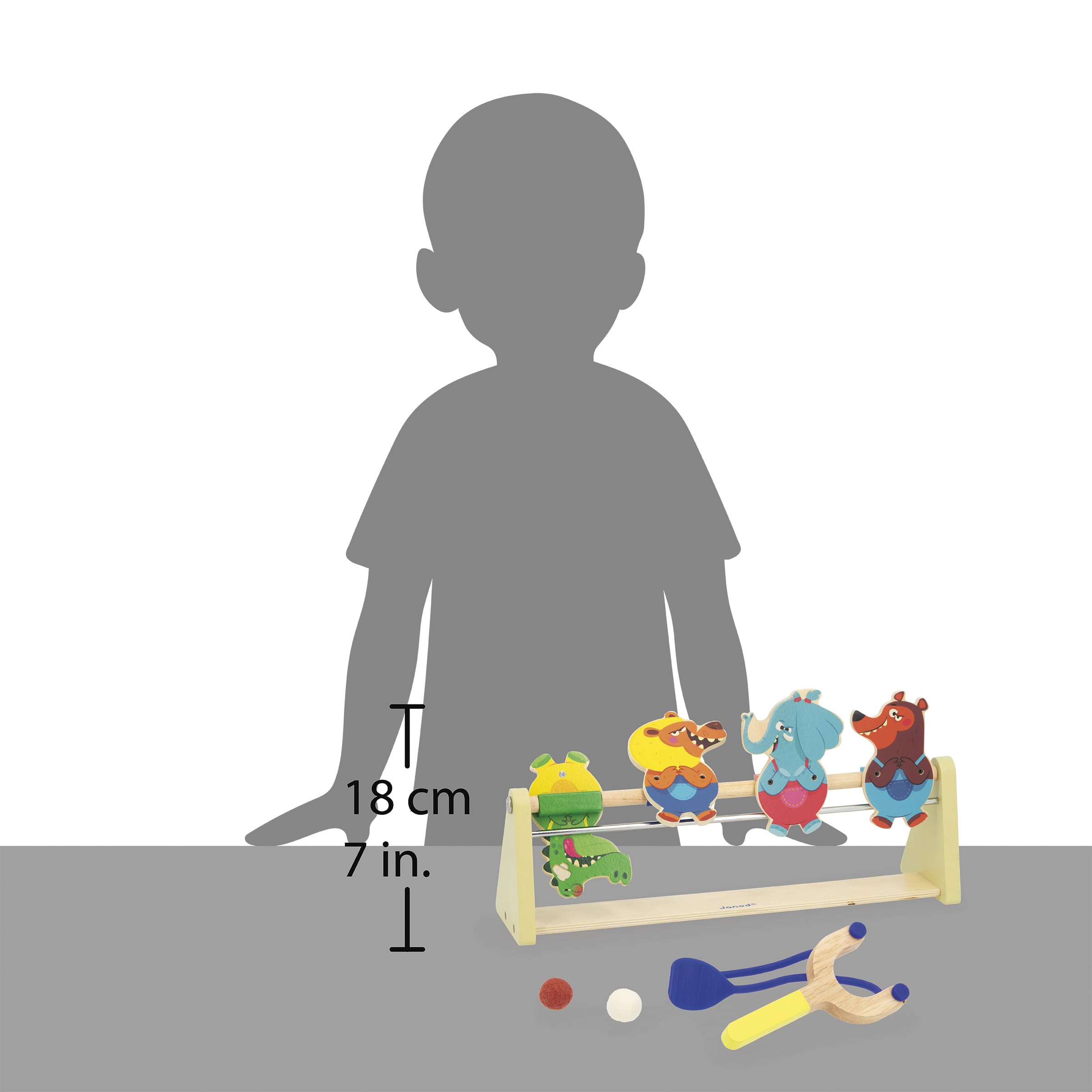 Janod Tiro a Segno in Legno per Bambini, Gioco con Bersaglio, 4 Personaggi, 1 Lanciatore, 2 Palline in Feltro, Sviluppa precisione e concentrazione, Giocattolo in Legno, da 5 Anni, J03372