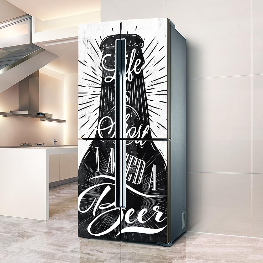 Fridge Stickers, Fridge Sticker Full Covering Door Covers Skins Wall Stickers for Kitchen Decal, Life Short Beer Black and White(L: 100x180 cm)
