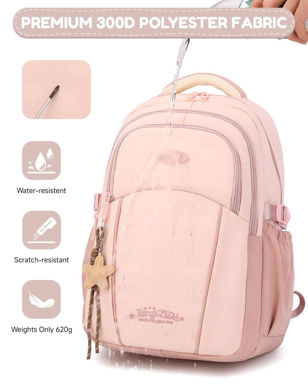 Sac à Dos Fille Adolescent - Cartable Scolaire Imperméable avec Porte-clés étoile - Sac a Dos pour École Primaire College Lycée à la Mode pour PC 15.6", Rose