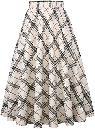 IDEALSANXUN Womens Plaid Skirt Elastic Waist A-line Midi Pleated Skirts