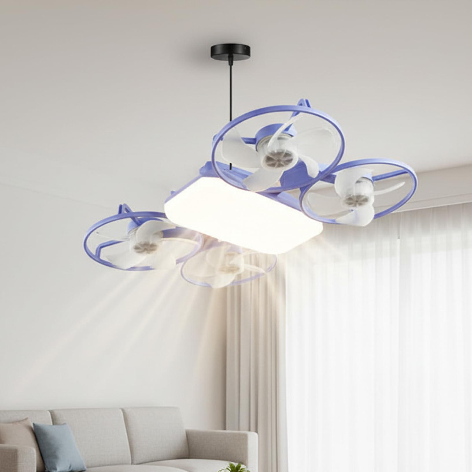 SXDMOUBK Ceiling Fan with Lights, Bedroom Ceiling Fan with Lights, Drone-Inspired Led - 360° Surround Airflow, Dimmable Light Remote, E27 Socket, Extension Rod Included (Blue), LED, Light W