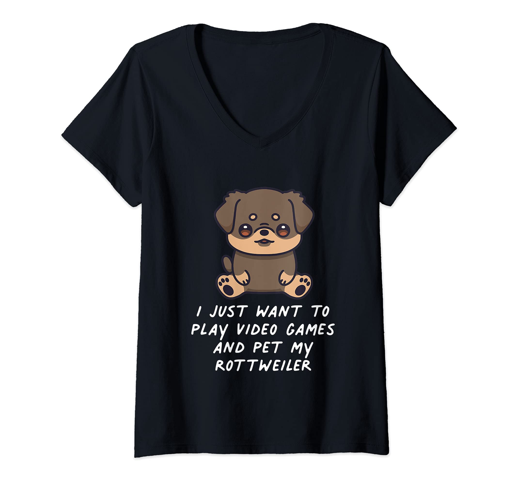 Womens I Just Want To Play Video Games And Pet My Rottweiler Dog V-Neck T-Shirt, Black