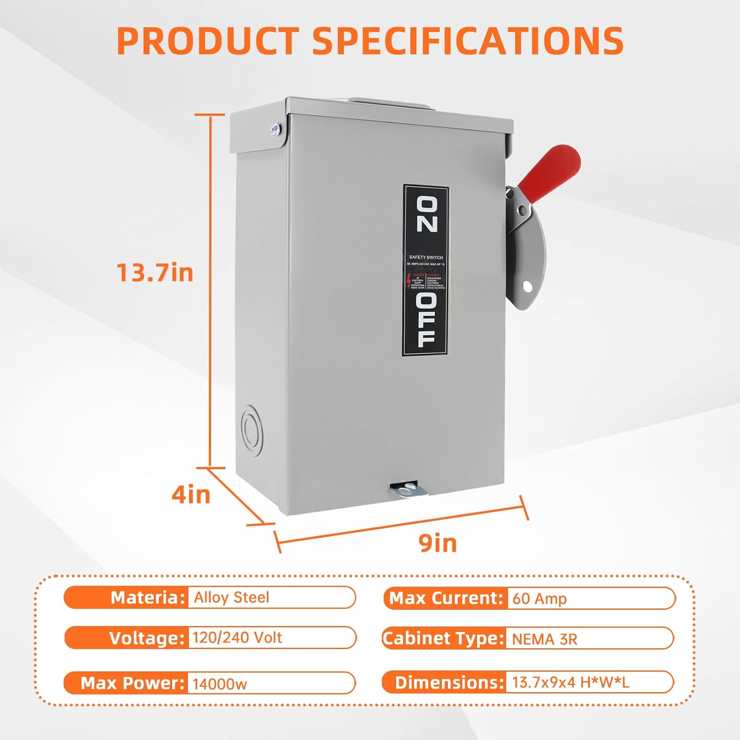 60 Amp Disconnect Switch Box, 3 Pole Safety Switch, Non-Fusible, Heavy Duty Steel, NEMA 3R Rated, for Indoor & Outdoor Use, 240V/120V, 3 Phase, 10-Year Warranty