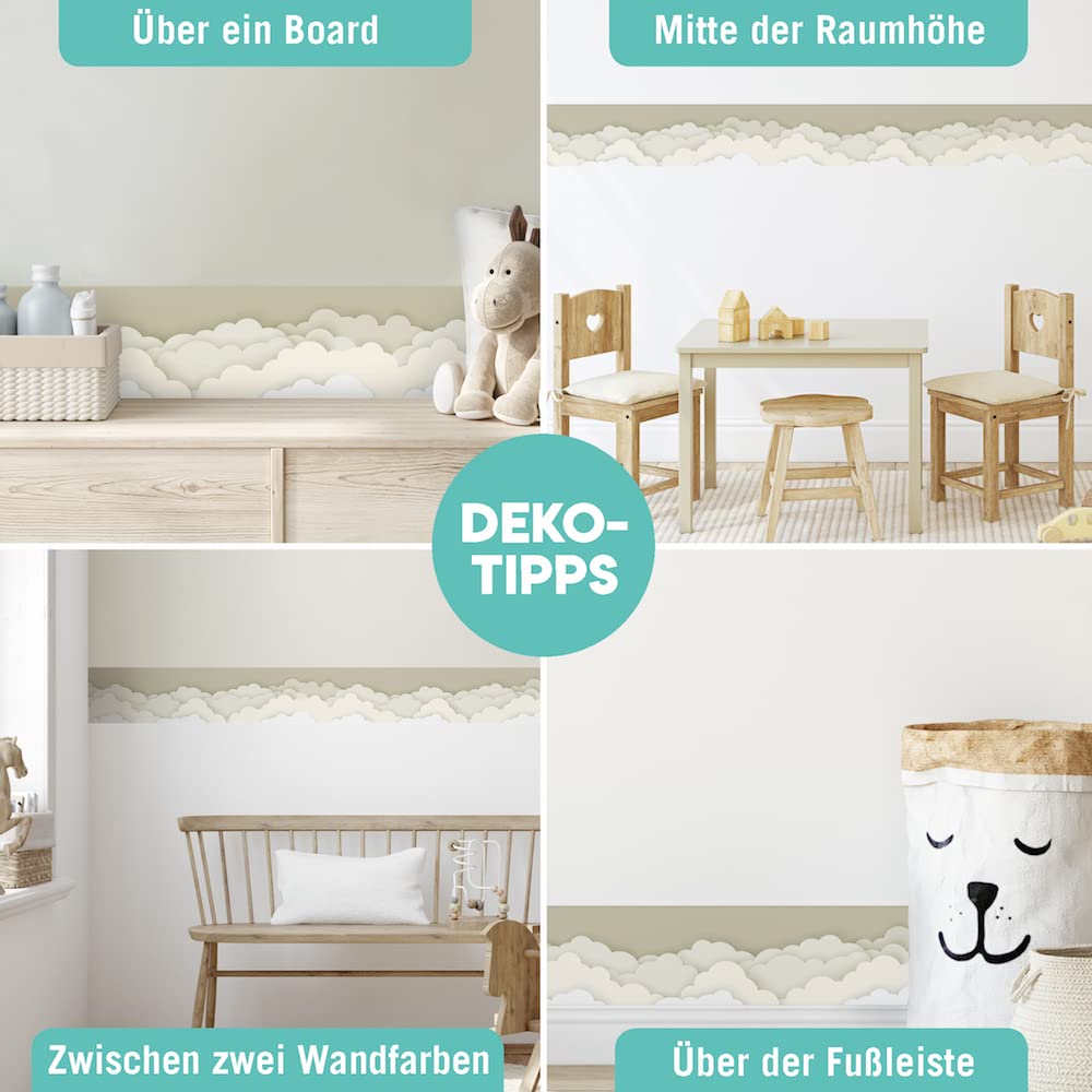 Bordo autoadesivo per cameretta dei bambini con le Nuvole in Cielo beige, 450 x 11,5 cm, decorazione da parete per ragazze e ragazzi