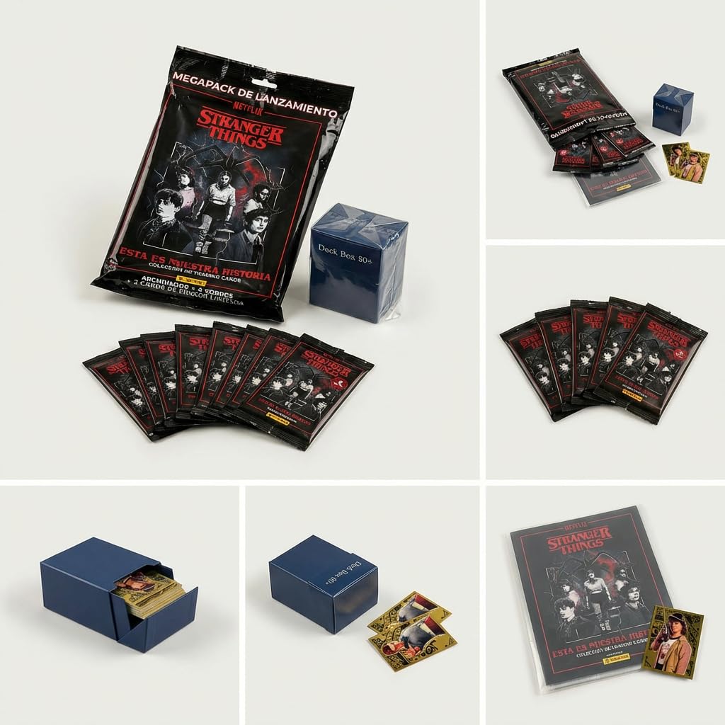 Panini Stranger Things Megapack de Lanzamiento, Colección HC Trading Cards, con 8 Sobres Extra y Deckbox 80 para Guardar los cromos repetidos