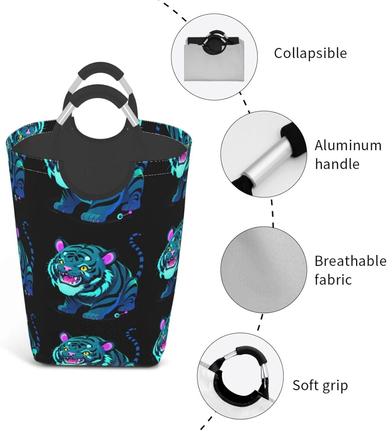 Cyber Tiger Circuit Foldable storage bag, 50L capacity, suitable for laundry room, dormitory bedroom, dirty clothes storage basket.