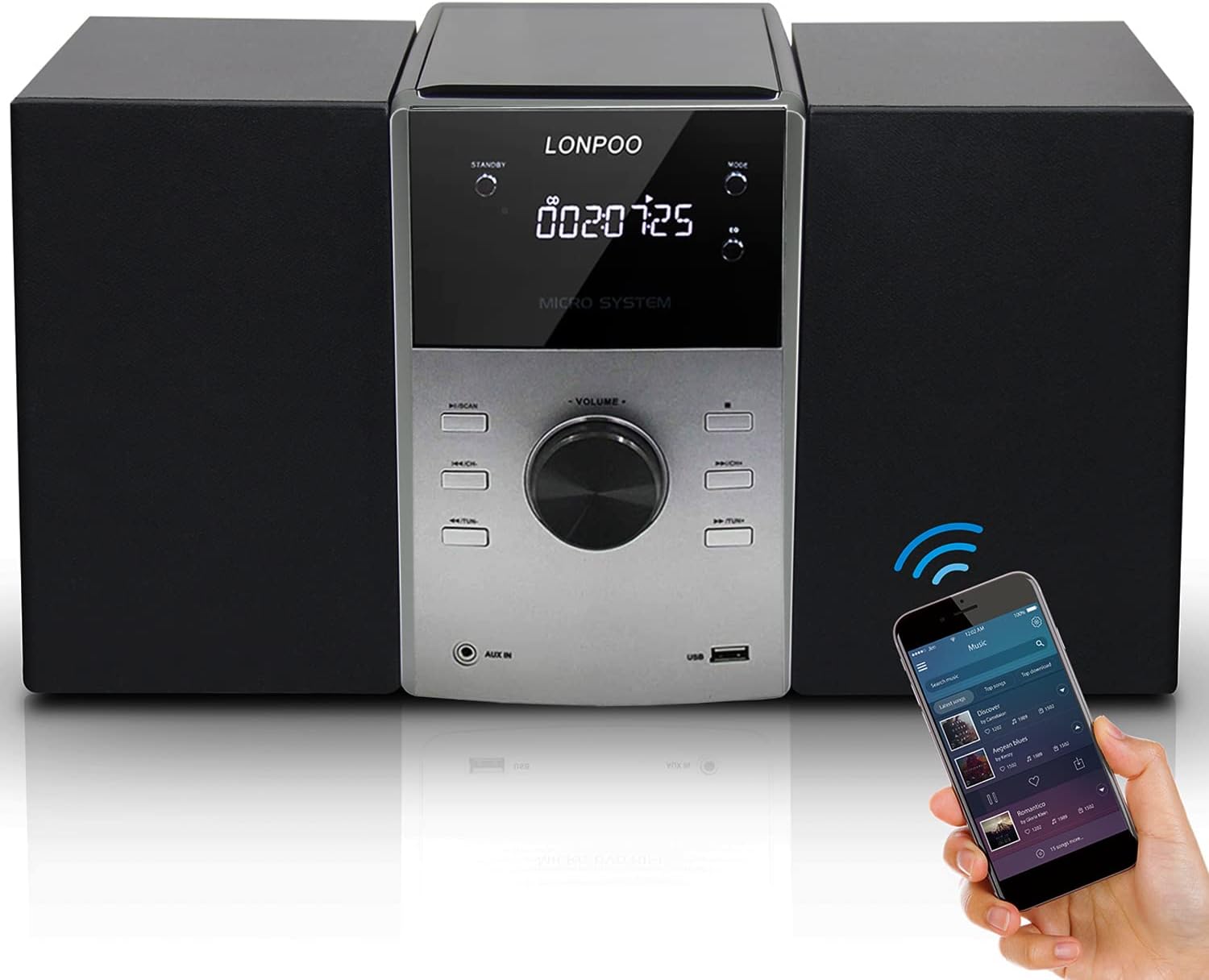 LONPOO Compact Stereo System with Bluetooth - CD Player, FM Radio, AUX-IN, LED Display, USB playback, 2-Way Clear Sound Micro HiFi System (sliver) (CD SYSTEM)