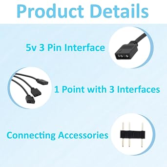 ARGB Splitter Cable 5V 3Pin, 1 to 3 Addressable RGB Extension Cable, Male Pins with Foolproof Design, Durable Braided Cable for PC Case, CPU Cooler, Fans & LED Lighting