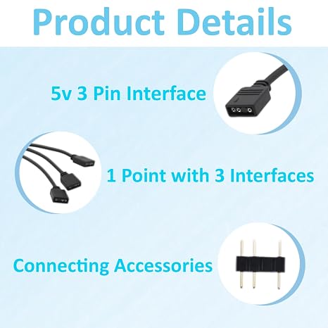 ARGB Splitter Cable 5V 3Pin, 1 to 3 Addressable RGB Extension Cable, Male Pins with Foolproof Design, Durable Braided Cable for PC Case, CPU Cooler, Fans & LED Lighting