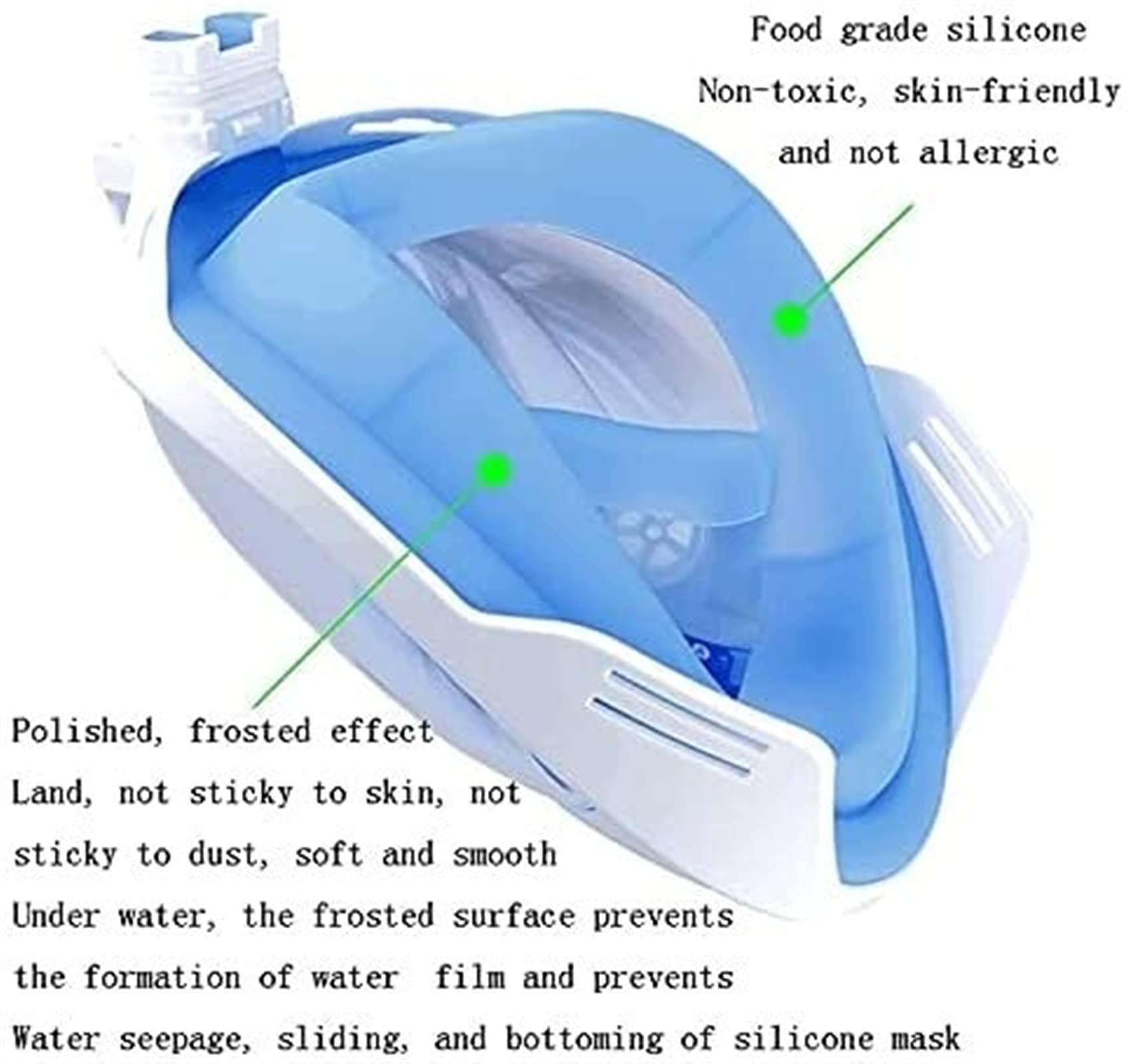 maschera da immersione, Maschera da snorkeling integrale in silicone, boccaglio subacqueo a 180°, maschera sub a bocca piatta di tipo asciutto, adatta for adulti e bambini
