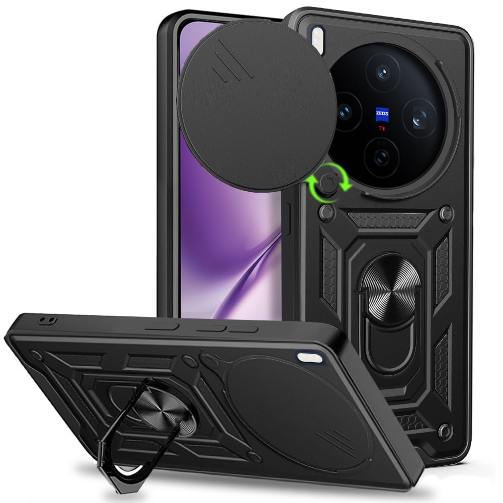 AESTMO Tough Armor VIvo X200T 5G Bumper Back Case Cover | Ring Holder & Sliding Camera Shield Cover | 360 Degree Protection Back Case Cover for VIvo X200T 5G (Black)-image-43
