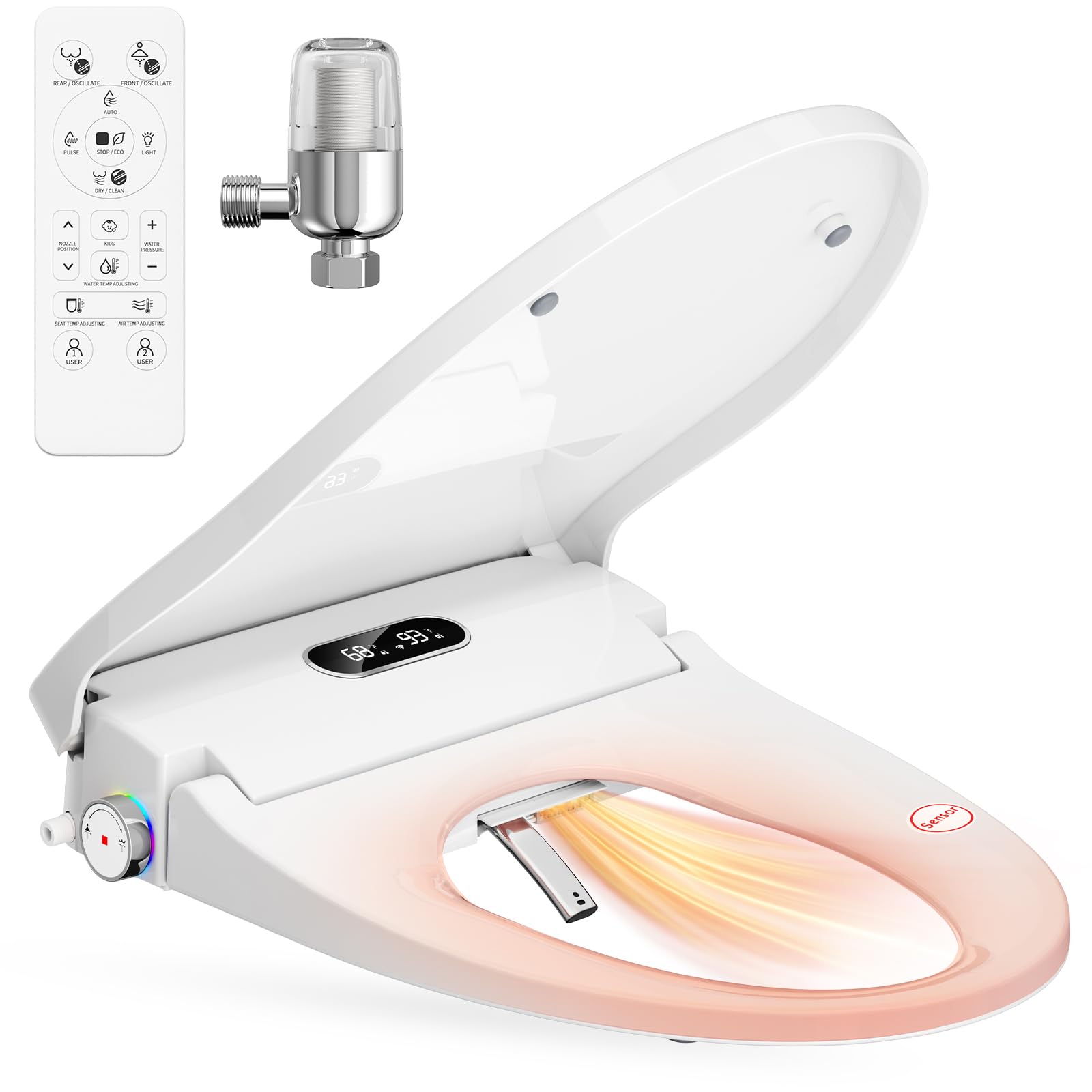 Photo 1 of Rainsworth Smart Bidet Seat with Dual User Memory, Instant Heat & Auto-Dry Cycle - Adjustable Heated Seat, Warm Water, Stainless Nozzles, Remote & Knob Control for Elongated Toilets