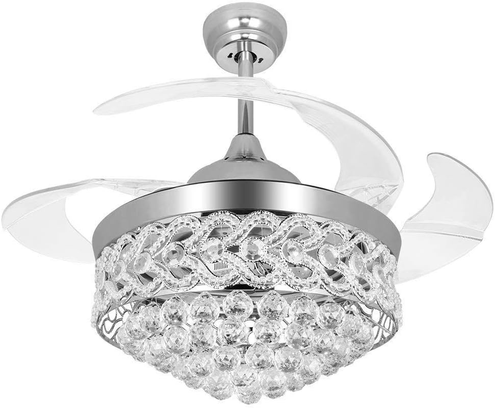 Chandelier Ceiling Fan with Crystal for Room Decoration 42 Inch Shrinkable Blades Invisible Ceiling Fan Led 32W Has 3 Light Color for Indoor Outdoor Living Dining Room Corridor (Silver)