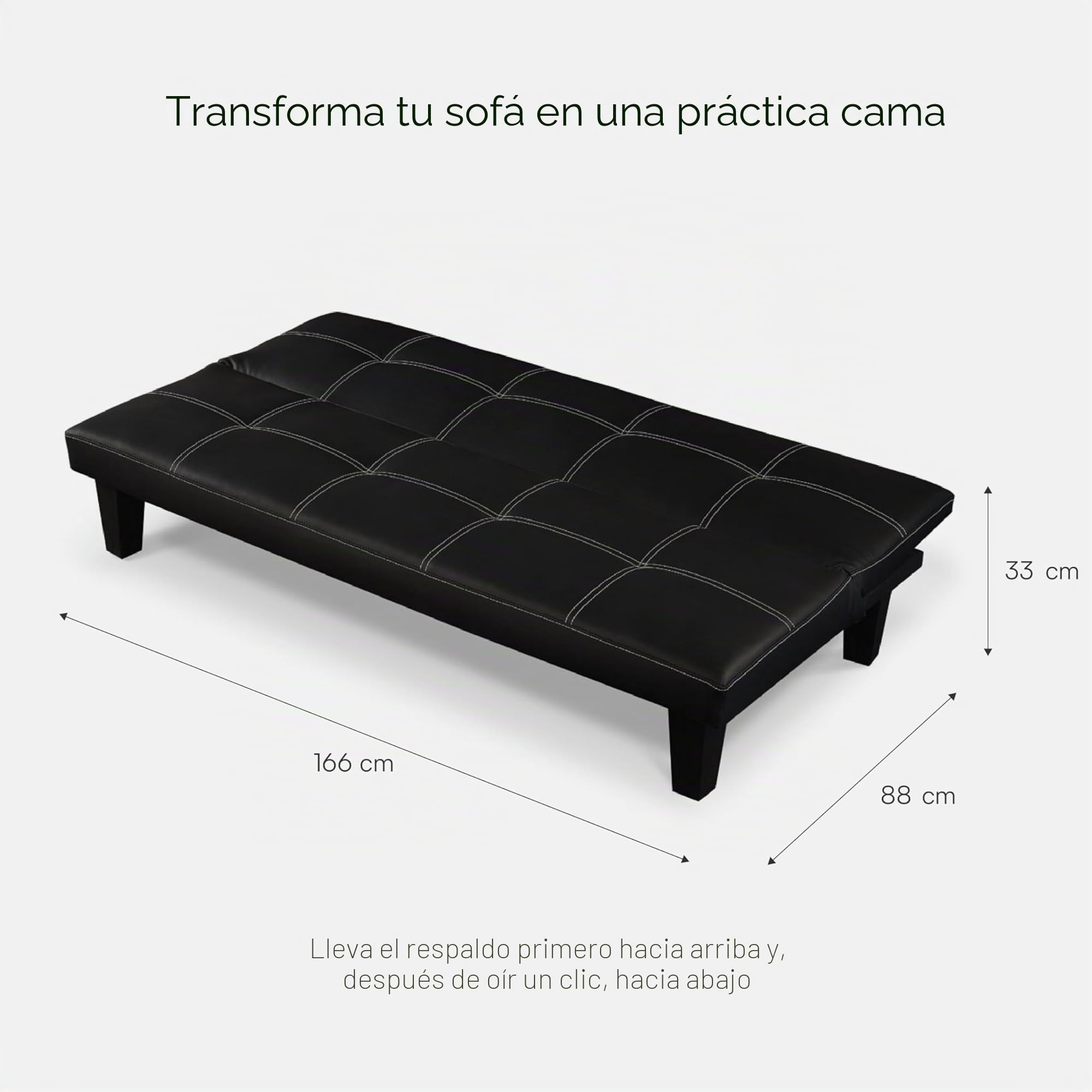 Baroni Home Sofá cama de piel sintética de 3 plazas convertible en cama acolchado, sofá reclinable con patas de plástico para salón, habitación de invitados, apertura 88 cm, 166 x 75 x 70 cm, piel