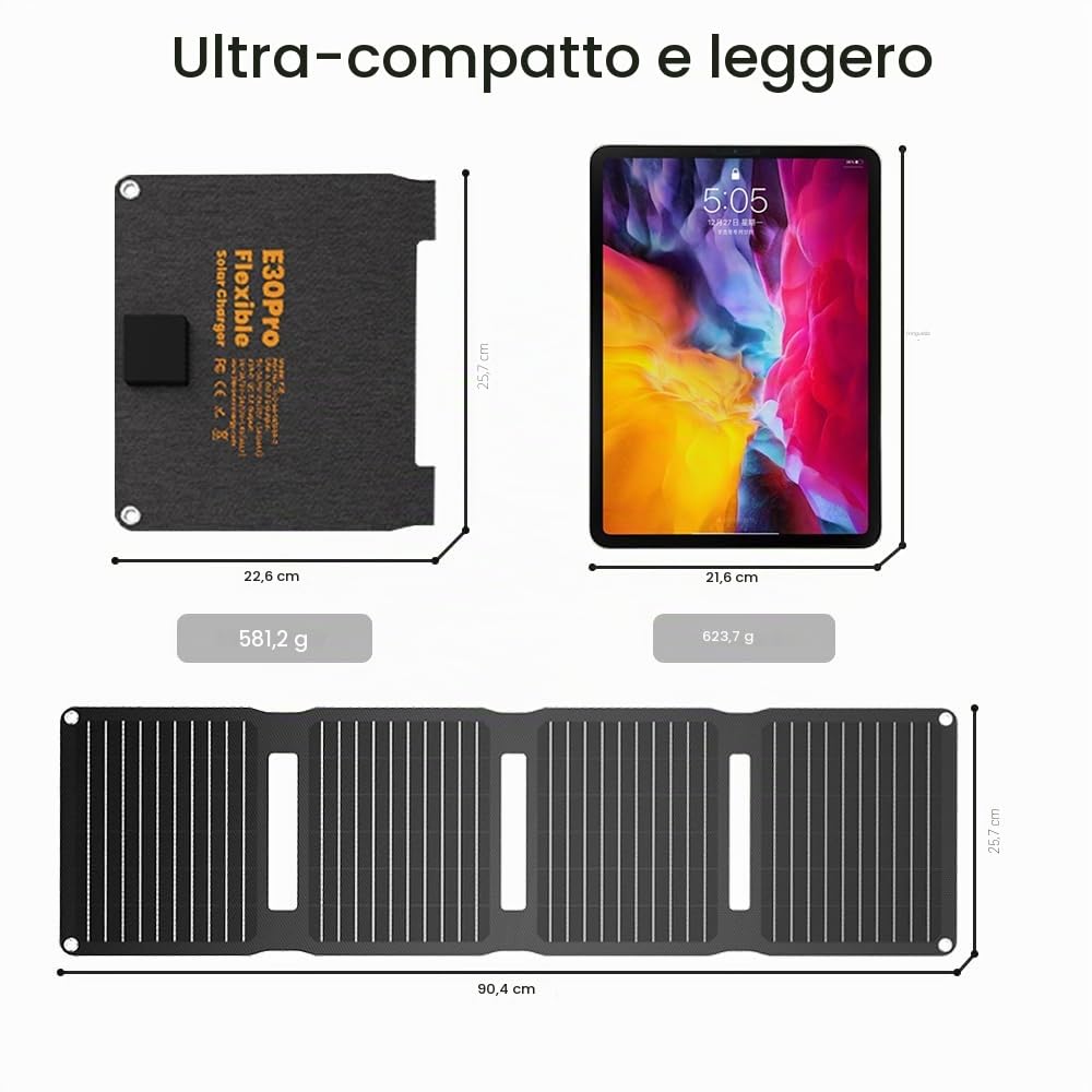 FlexSolar Pannello solare pieghevole portatile da 30W QC3.0 18W USB-A/C | Impermeabile IP67 Ricarica rapida per cellulari, tablet, powerbank, fotocamera, torcia da campeggio ed escursionismo
