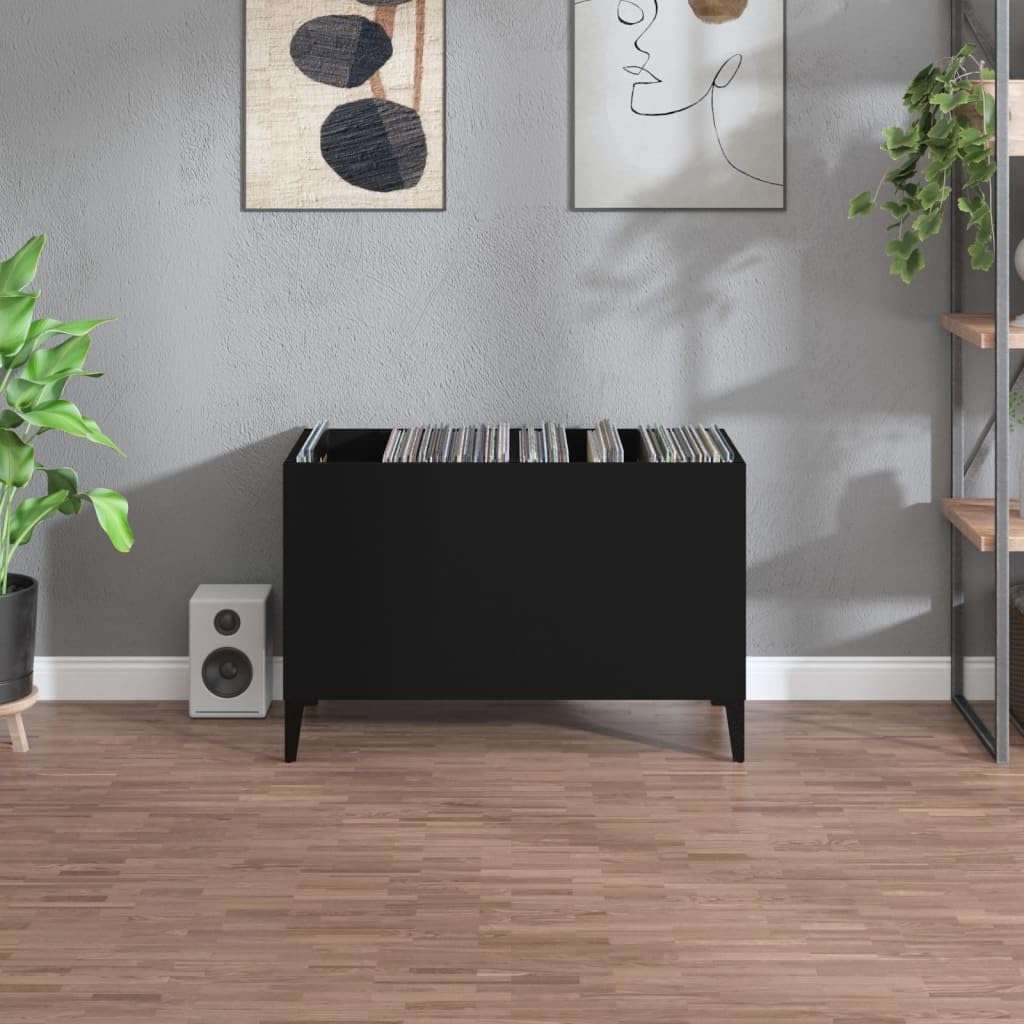 Armadio per dischi in legno nero con piedini in metallo, 74,5 x 38 x 48 cm, spazioso armadio multimediale per soggiorno e ufficio, salvaspazio per dischi in vinile e CD