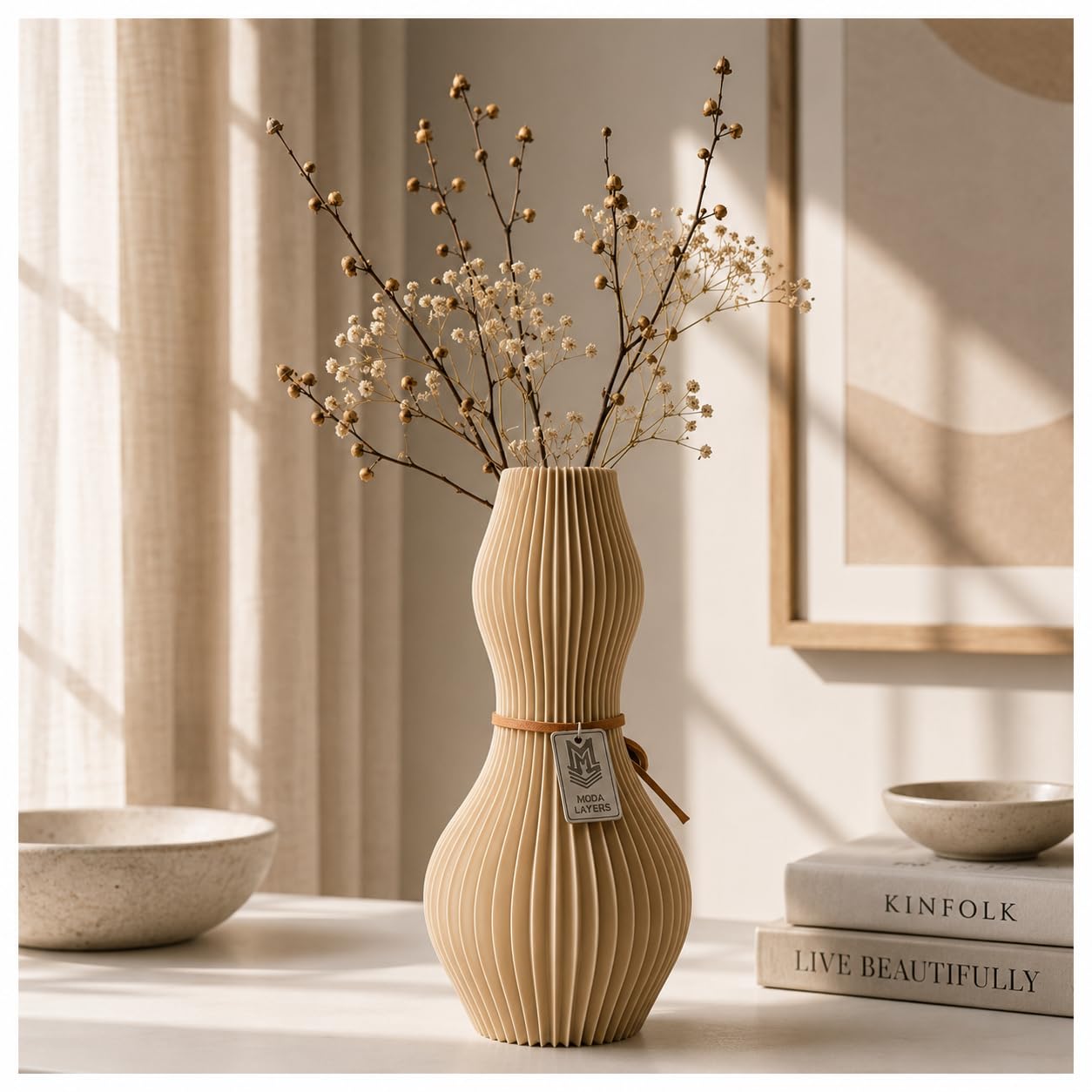 Vase Curve, Vase for Flowers, Pampas Grass, or Live Plants | Decorative Home & Office Centerpiece Gift (Beige, 15)-image-26
