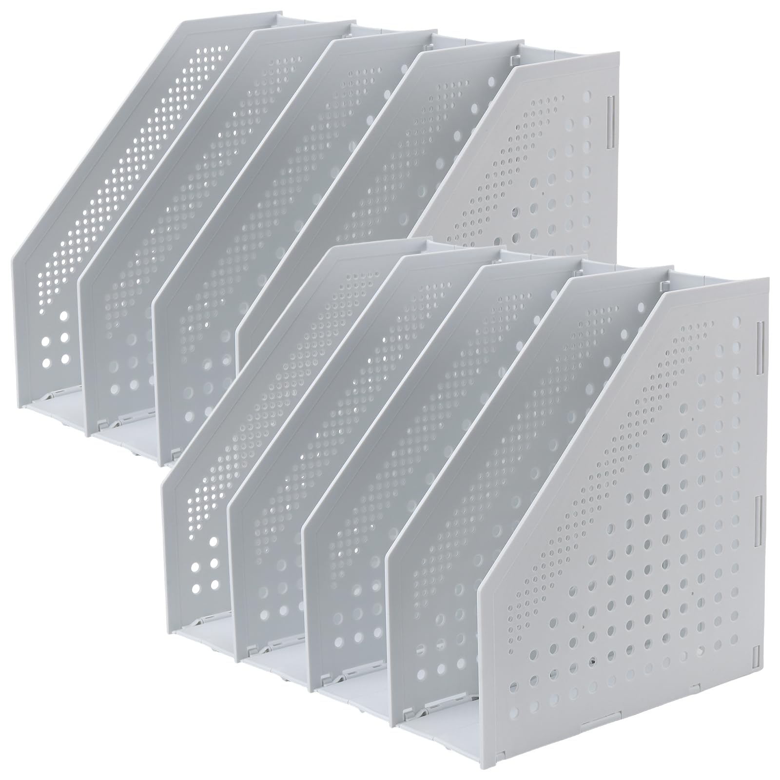 2 unidades de 33,3 x 25,5 x 24,3 cm, color gris claro, plegable, soporte para revistas de plástico con 4 compartimentos, organizador de escritorio para escritorio, estantería y racks