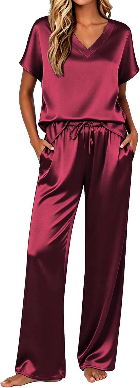 Ekouaer Silk Pajamas for Women 2 Piece Satin Pjs Cap Short Sleeve Sleepwear V Neck Shirt Long Pant Lounge Sets