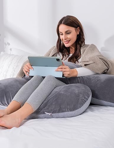 Miniatura 5 de AngQi Almohada de embarazo corporal con funda de jersey, almohada de cuerpo completo en forma de L para mujeres embarazadas y dormir de lado, gris