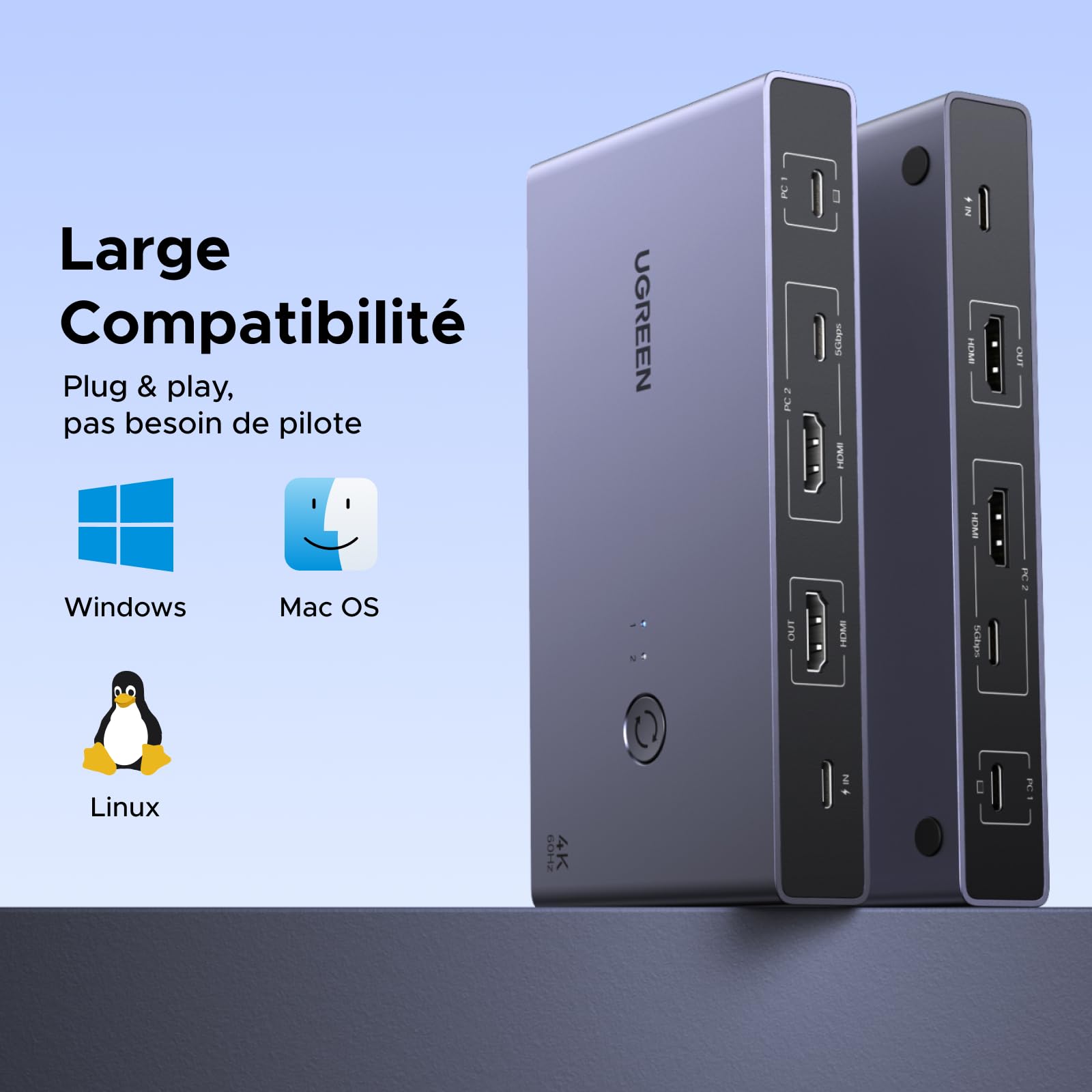 UGREEN KVM Switch HDMI USB C 4K 60Hz 2 Entrées 1 Sortie Commutateur KVM | 4 Ports USB 3.0 3A1C 5Gbps Compatible avec MacBook PS5 Ordinateur Hôte Steam Deck Câble HDMI et Câble USB-C Vidéo Inclus