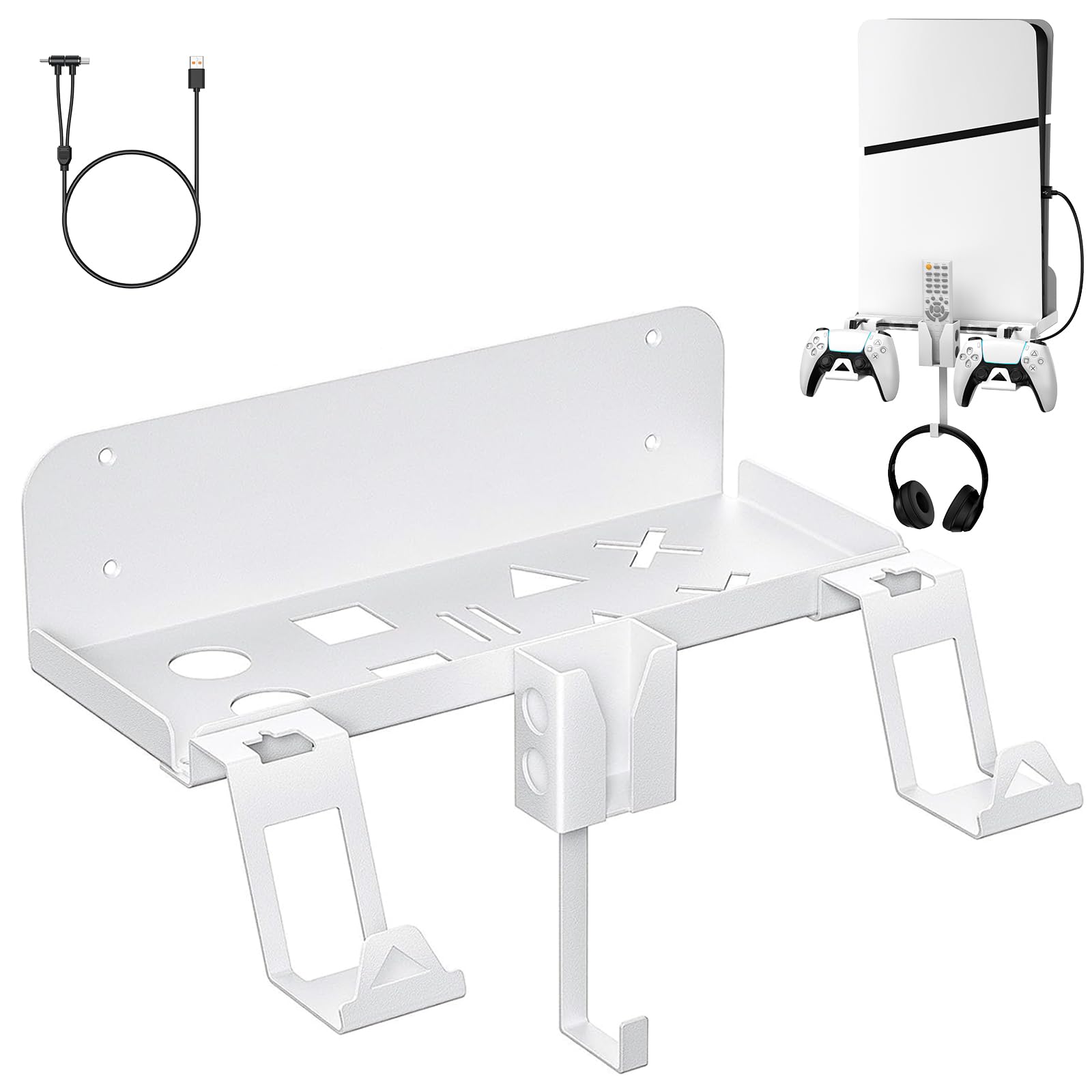 Soporte de Pared PS5 Slim, Soporte de Pared para PS5 Slim Consola con 2-en-1 Cable de Carga Magnético Acero Juego de Soporte de Pared para PlayStation 5 Slim (Disco y Digital) (Blanco)