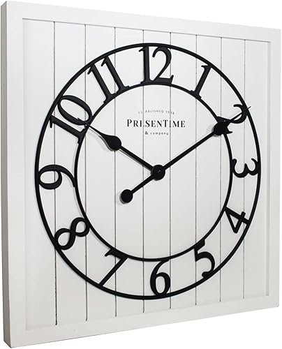 Miniatura 2 de Presentime & Co - Reloj cuadrado de madera con puerta de granero Shiplap de 21 pulgadas, color blanco, número arábigo. Decoración del