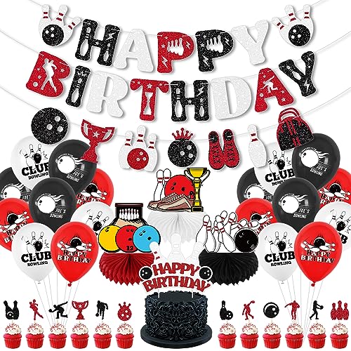 Obussgar Bowling Party Decorations Bowling Birthday Party Supplies including Glitter Bowling Happy Birthday Banner Cake Topper Cupcake Toppers Balloons Centerpieces for Birthday Party Baby Shower