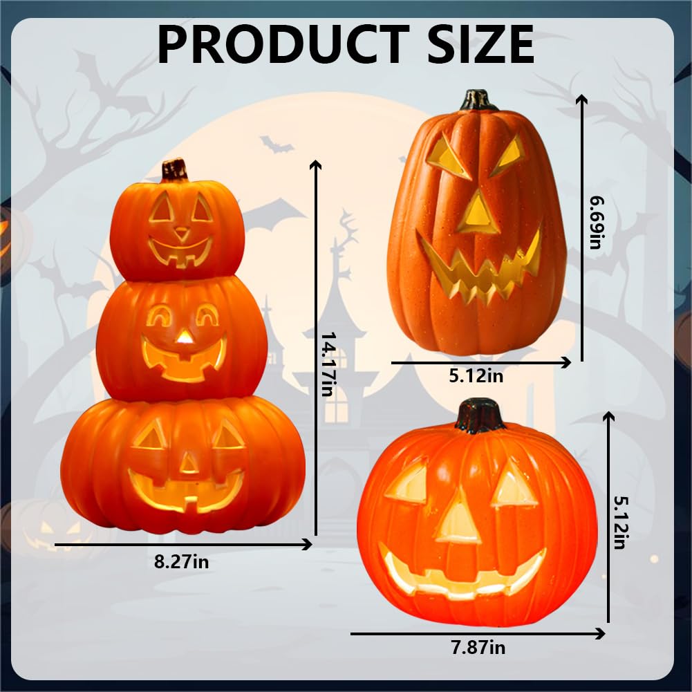 Gujuja 3pcs Halloween Light up Jack O Lantern Pumpkin Prop with Led Light Pumpkin Figurine Lights Pumpkin Skull Lamp-Not Include The Battery Halloween Decor for Indoor Outdoor