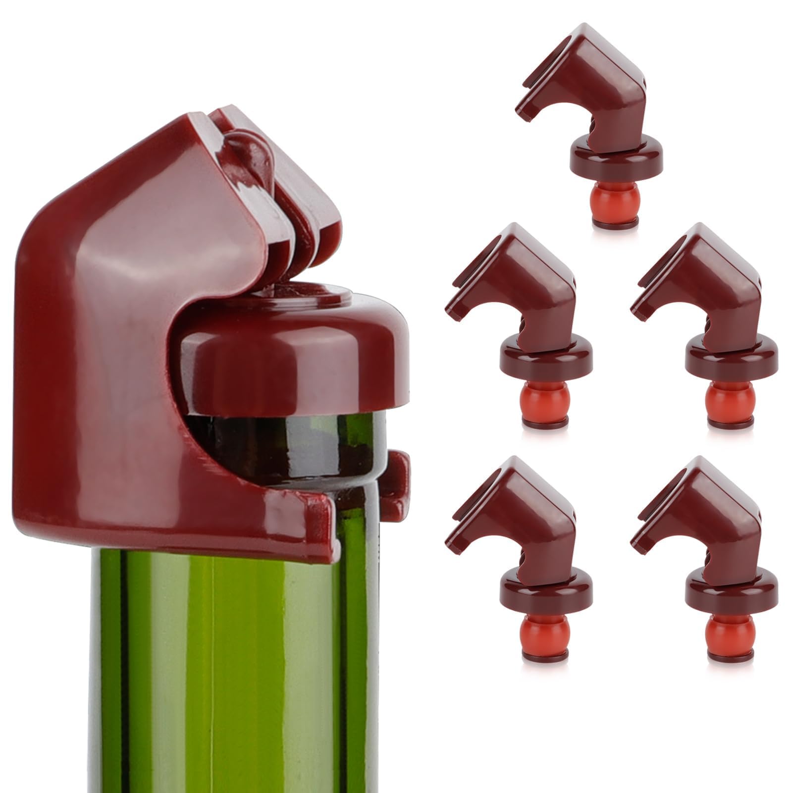 HERCHR 5PCS Wine Bottle Stoppers, Champagne Bottle Stopper with Food Grade Silicone Leak Proof, Champagne Stopper Professional Wine Saver for Champagne, Cava, Prosecco and Sparkling Keep Fresh, Red