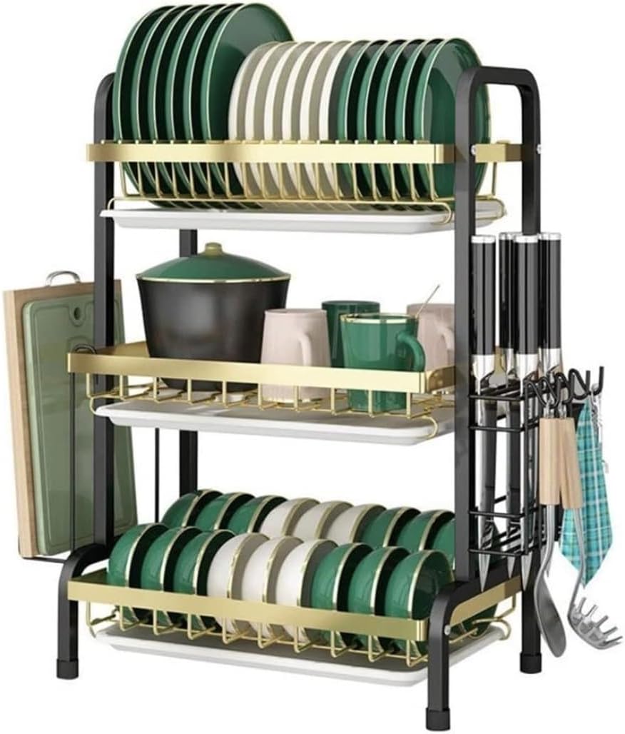 Dish Drying Rack Tableware Holder 3-Tiers Kitchen Carbon Steel Drain Bowl and Dish Rack Storage Rack Knife and Chopsticks Chopping Board Rack Drying Rack Kitchen(Black)