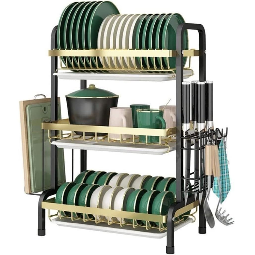 GOOPEEG Dish Drainer,Dish Rack 3-Tiers Kitchen Carbon Steel Drain Bowl And Dish Rack Storage Knife And Chopsticks Chopping Board Easy Dish Organization(Black)