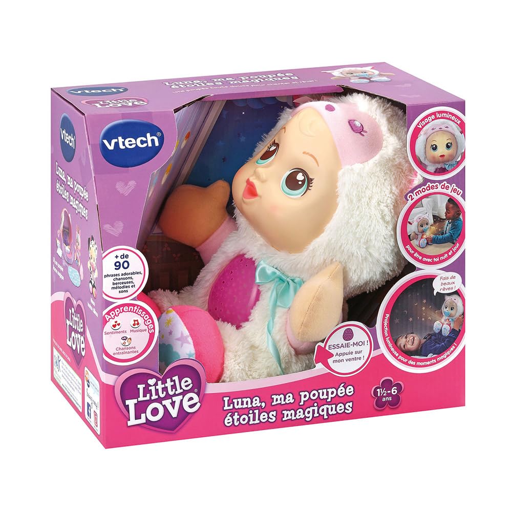 VTech - Little Love, Luna, Ma Poupée Étoiles Magiques, Poupon Câlin, Peluche Veilleuse avec Projection Étoilée, Cadeau Enfant de 18 Mois à 6 Ans - Contenu en Français
