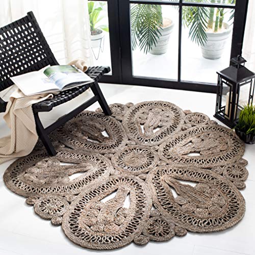 SAFAVIEH Area Rug 10' Round - Natural Fiber Collection - Large - Grey, Handmade Jute, Decorative Boho Floral Design (NF360C)